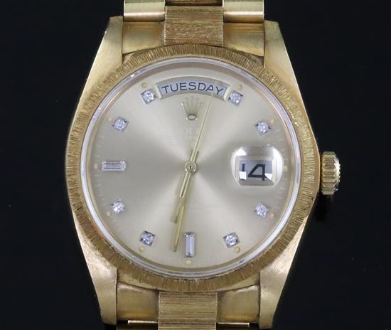 A gentlemans late 20th century 18ct gold and diamond set Rolex Oyster Perpetual Day-Date wrist watch,